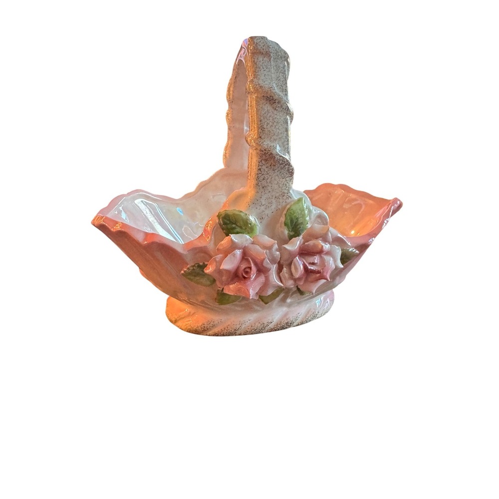 Rare Norcrest Japan Floral Basket Vintage Ceramic‎ Rose Flower White Pink
